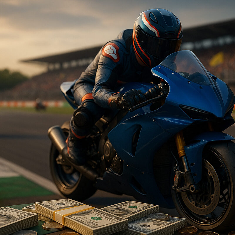 MotoGP in gara con piloti in curva e mazzette di denaro sul bordo pista, simbolo delle scommesse sui Top 3.
