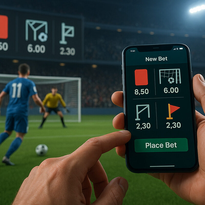 Scommesse speciali calcio live su eventi come palo colpito, cartellino rosso e corner durante una partita in stadio affollato.