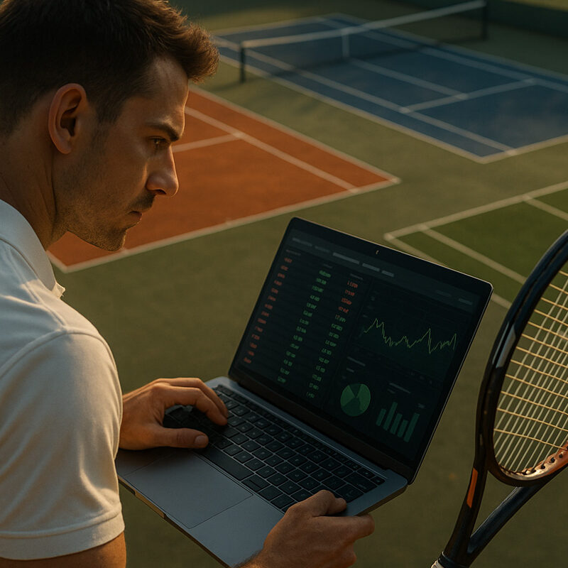 Tennista analizza dati scommesse su laptop davanti a campi in terra battuta, cemento ed erba, simbolo delle strategie scommesse tennis basate sulla superficie di gioco.