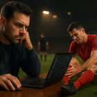 Scommettitore osserva live le quote su laptop mentre un calciatore si infortuna in campo durante una partita di calcio, concetto realistico di strategia betting sugli infortuni.