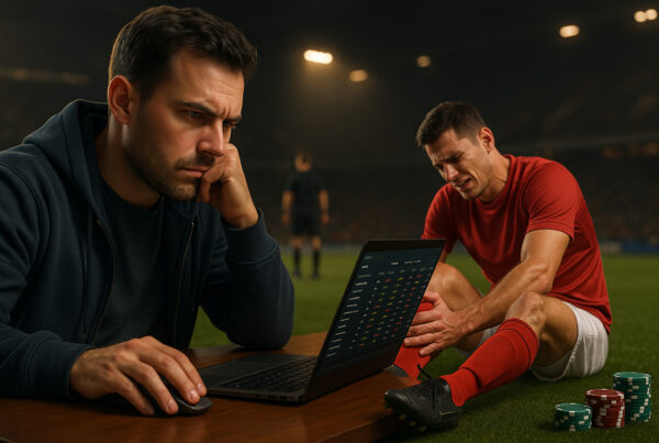 Scommettitore osserva live le quote su laptop mentre un calciatore si infortuna in campo durante una partita di calcio, concetto realistico di strategia betting sugli infortuni.