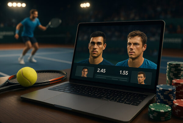 Laptop con schermata di scommesse su torneo di tennis minore, tavolo con racchetta e pallina, sfondo con giocatore in campo durante match Challenger
