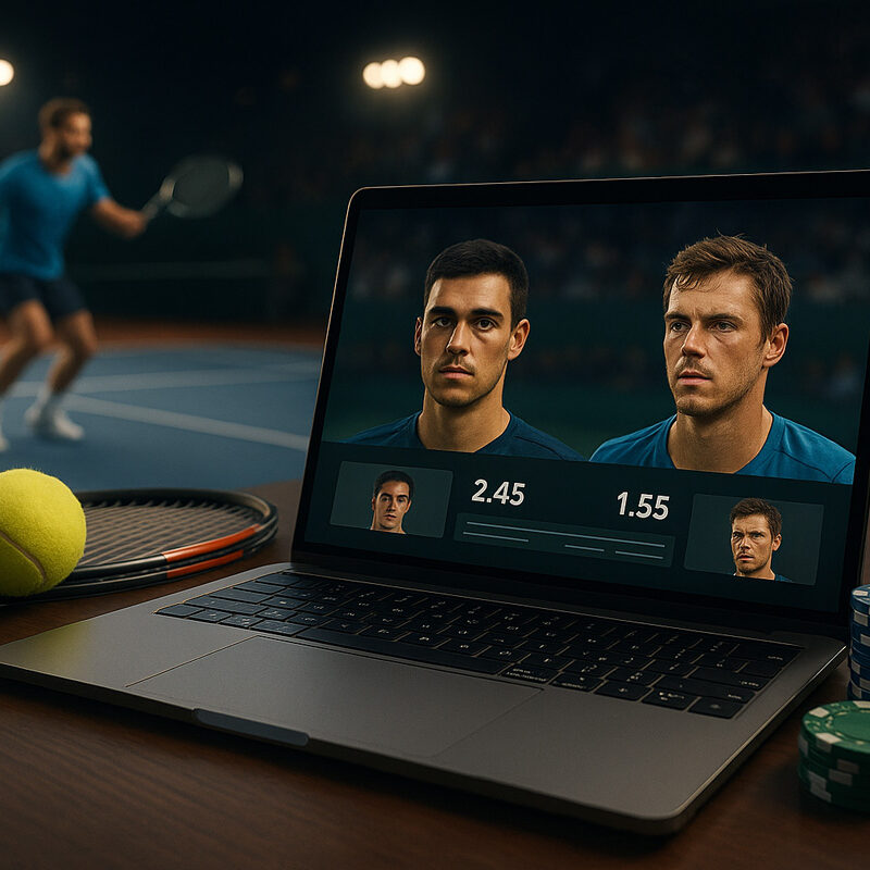 Laptop con schermata di scommesse su torneo di tennis minore, tavolo con racchetta e pallina, sfondo con giocatore in campo durante match Challenger