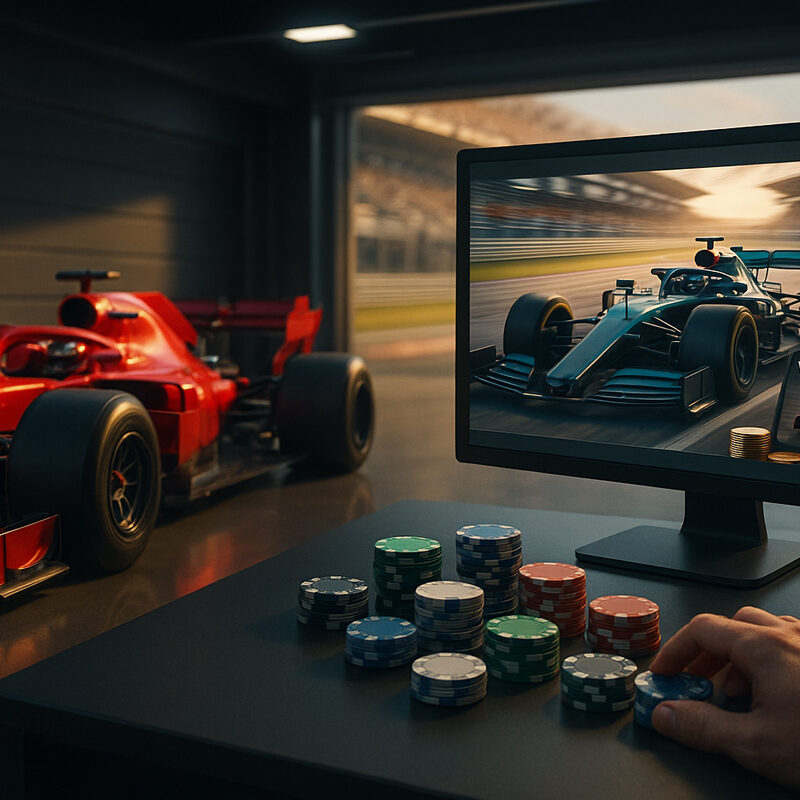 Render 3D realistico di una scena F1 con monoposto rossa in garage e schermo con scommesse sui team, gettoni da gioco in primo piano.