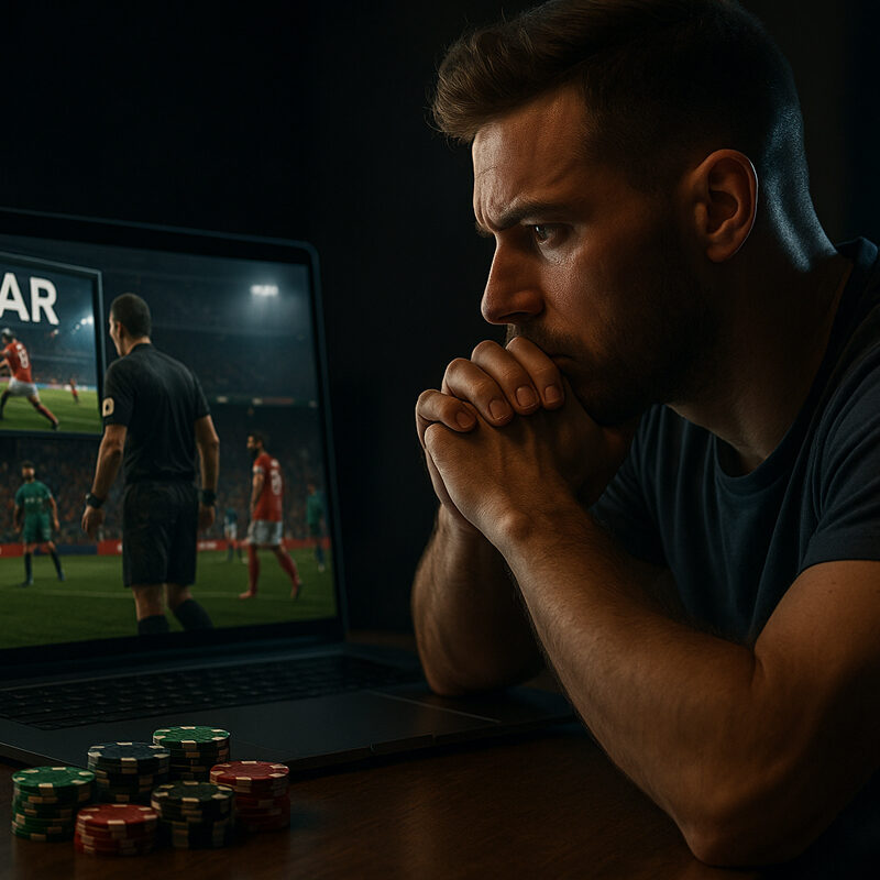 Uomo concentrato davanti al laptop che mostra una revisione VAR durante una partita di calcio, simbolo dell’incertezza nelle scommesse VAR live.