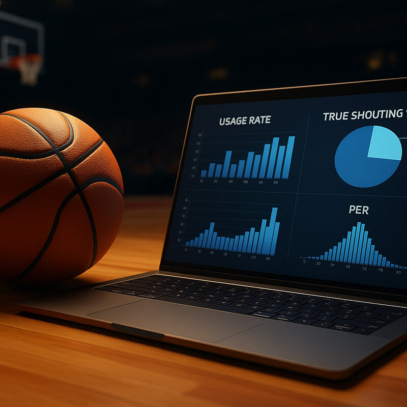 Statistiche Basket Scommesse: grafico PER, Usage Rate e True Shooting su laptop accanto a pallone da basket su parquet, in stile realistico 3D.