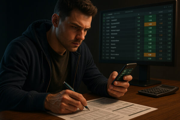 Uomo concentrato analizza pronostici tipster su smartphone con monitor scommesse sportive e fogli statistici su scrivania