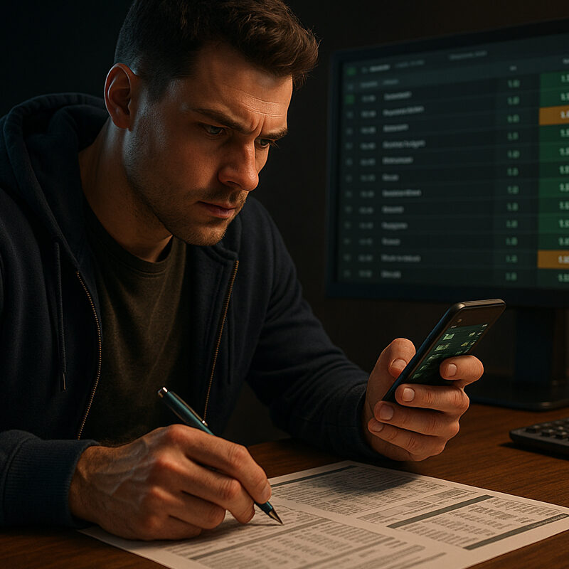 Uomo concentrato analizza pronostici tipster su smartphone con monitor scommesse sportive e fogli statistici su scrivania