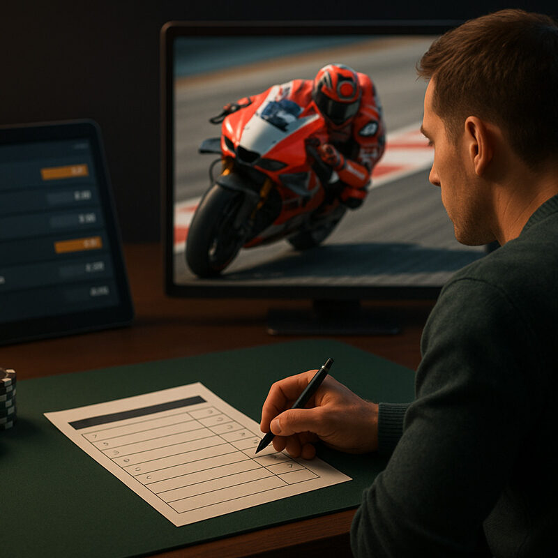 Uomo che scommette sulle qualifiche MotoGP analizzando quote e tempi su tablet, con pilota in curva sul monitor.