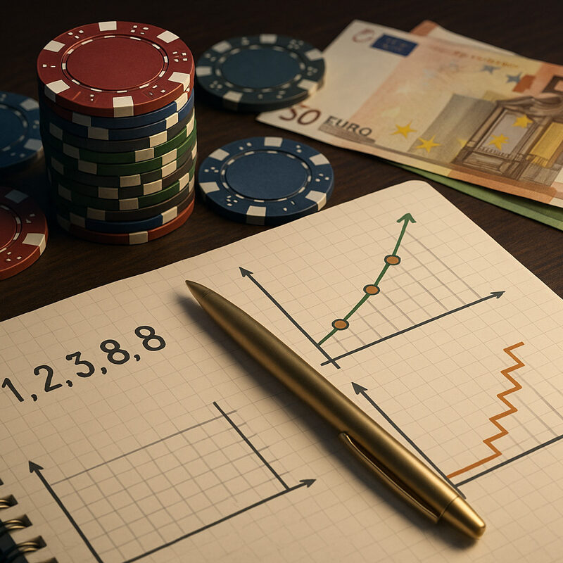 Taccuino con grafici matematici e sequenza Fibonacci accanto a fiches da poker e banconote euro, simboli dei sistemi a progressione nelle scommesse.