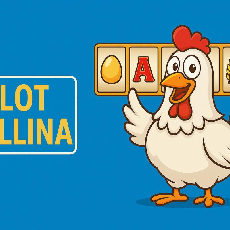 Illustrazione colorata della slot Gallina con scritta evidenziata in stile pulsante e una gallina cartoon accanto a rulli slot con simboli agricoli.