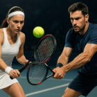 Giocatori di tennis maschile e femminile in azione su campo duro, confronto tra stili di gioco e strategie di scommessa in un match ATP vs WTA