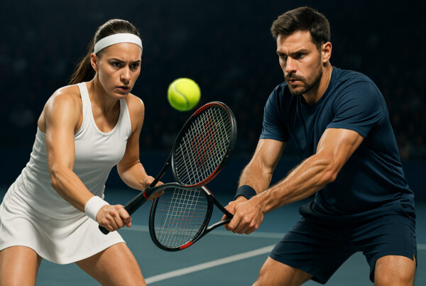 Giocatori di tennis maschile e femminile in azione su campo duro, confronto tra stili di gioco e strategie di scommessa in un match ATP vs WTA