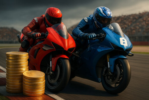 Due moto da corsa MotoGP in lotta fianco a fianco su un circuito durante un duello testa a testa, con pile di monete in primo piano che simboleggiano le scommesse sportive.