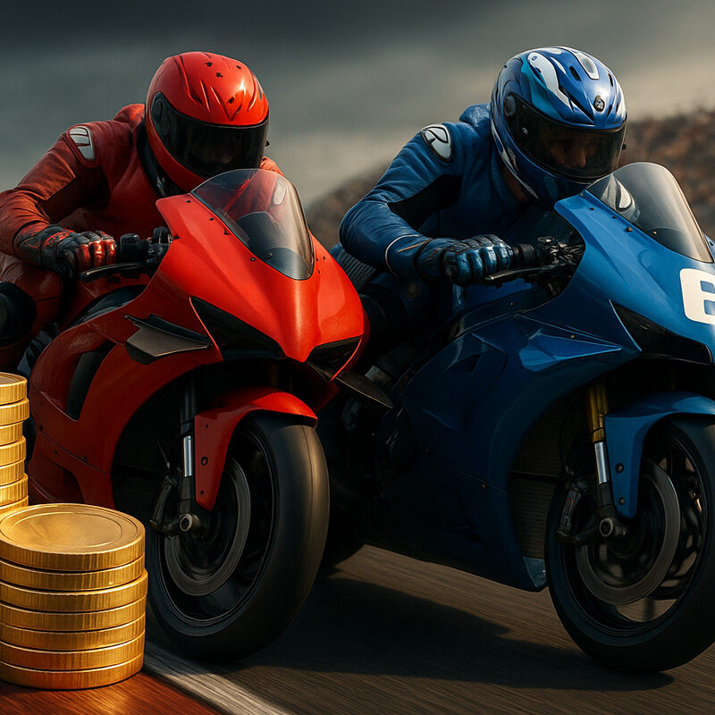 Due moto da corsa MotoGP in lotta fianco a fianco su un circuito durante un duello testa a testa, con pile di monete in primo piano che simboleggiano le scommesse sportive.