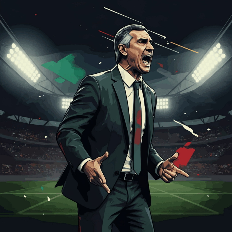 Un allenatore di calcio stilizzato in azione, rappresentante gli allenatori italiani, vestito in abito elegante e mentre gesticola con passione a bordo campo. Lo sfondo mostra un campo da calcio illuminato dai riflettori dello stadio, con un tocco dei colori verde, bianco e rosso della bandiera italiana, simbolo di strategia e leadership.