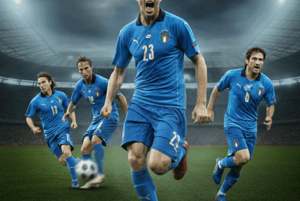Attaccanti italiani in maglie blu senza loghi in azione.