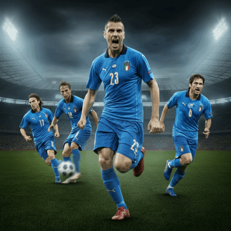 Attaccanti italiani in maglie blu senza loghi in azione.