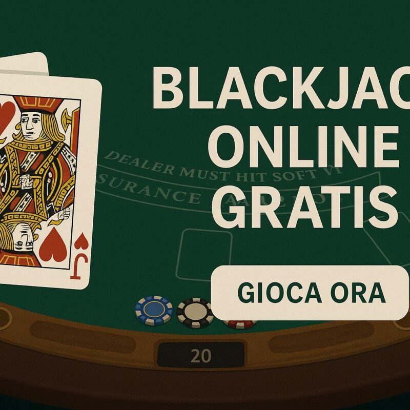 Tavolo da blackjack virtuale con carte vincenti (asso e jack), fiches e scritta Blackjack Online Gratis con pulsante "Gioca Ora".