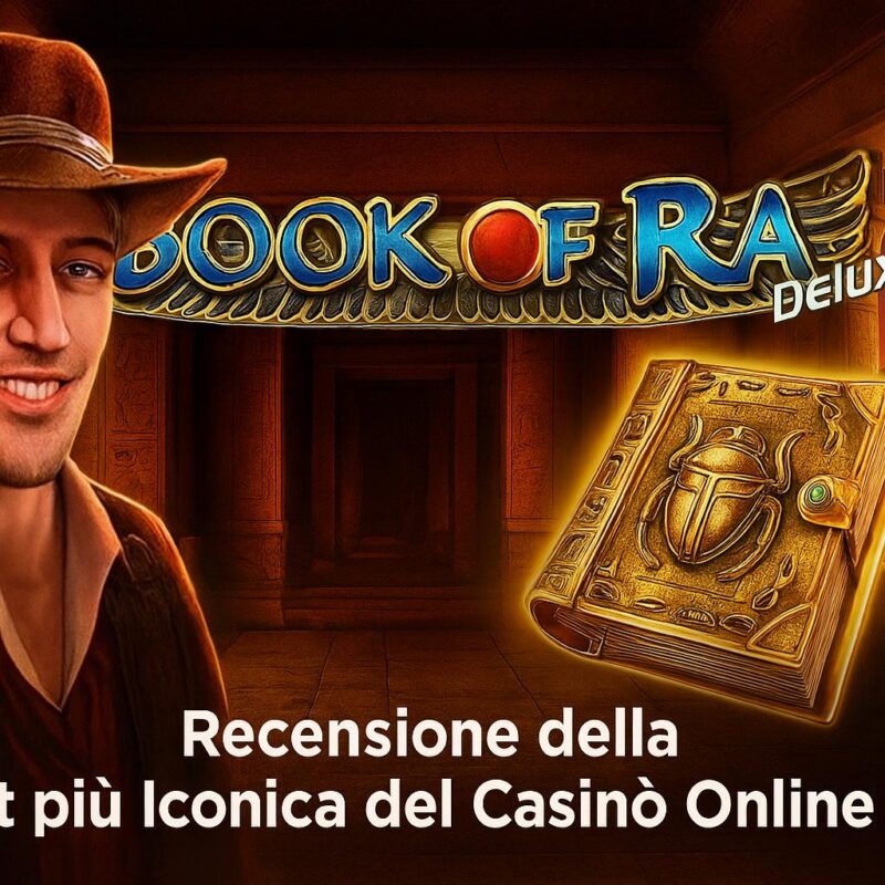 Immagine promozionale della slot Book of Ra Deluxe con esploratore, libro dorato e tempio egizio al tramonto.