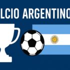 Immagine grafica con trofeo bianco, pallone da calcio e bandiera dell’Argentina su sfondo blu, accompagnati dalla scritta "Calcio Argentino".