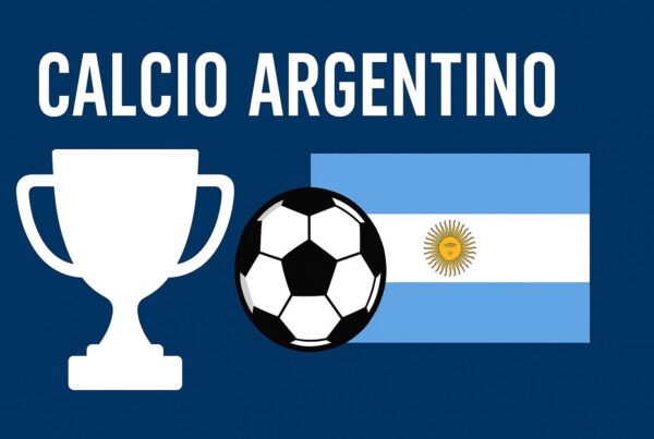 Immagine grafica con trofeo bianco, pallone da calcio e bandiera dell’Argentina su sfondo blu, accompagnati dalla scritta "Calcio Argentino".