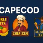 Illustrazione digitale con anteprime delle slot Capecod “Double Fruits”, “Chef Zen” e “Klondike Fever” su sfondo blu scuro.