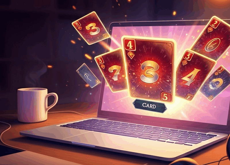 Schermo di laptop che mostra un gioco di carte giochi online illuminato e coinvolgente, circondato da un'accogliente postazione da gaming.