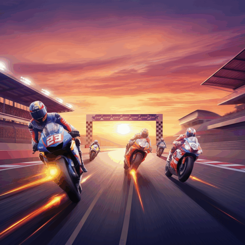 Le leggende della classifica MotoGP come Valentino Rossi, Marc Marquez e Giacomo Agostini in gara su moto iconiche di Honda, Yamaha e Ducati. L'immagine cattura l'intensità della competizione, con colori vivaci, effetto motion blur e un drammatico tramonto sullo sfondo.