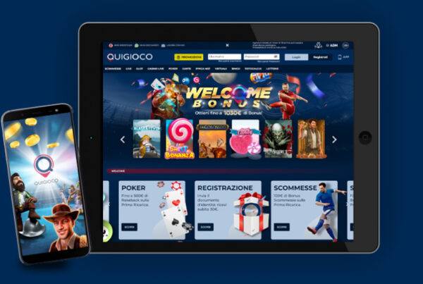 Interfaccia di Quigioco.it su tablet e smartphone con anteprima dei giochi più popolari come Sweet Bonanza, Big Bass Bonanza e Book of Ra su come giocare al casino online