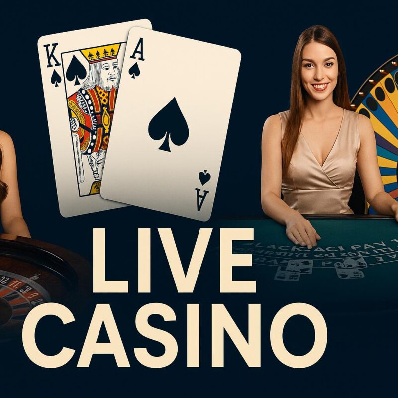 Croupier dal vivo con tavolo da blackjack, roulette e carte in primo piano, promozione giochi live casino su Quigioco.it