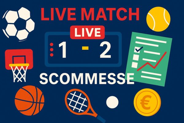 Infografica su scommesse sportive live con simboli di calcio, tennis, basket, schedina e punteggio live, su sfondo blu con testo “Live Match” e “Scommesse”.