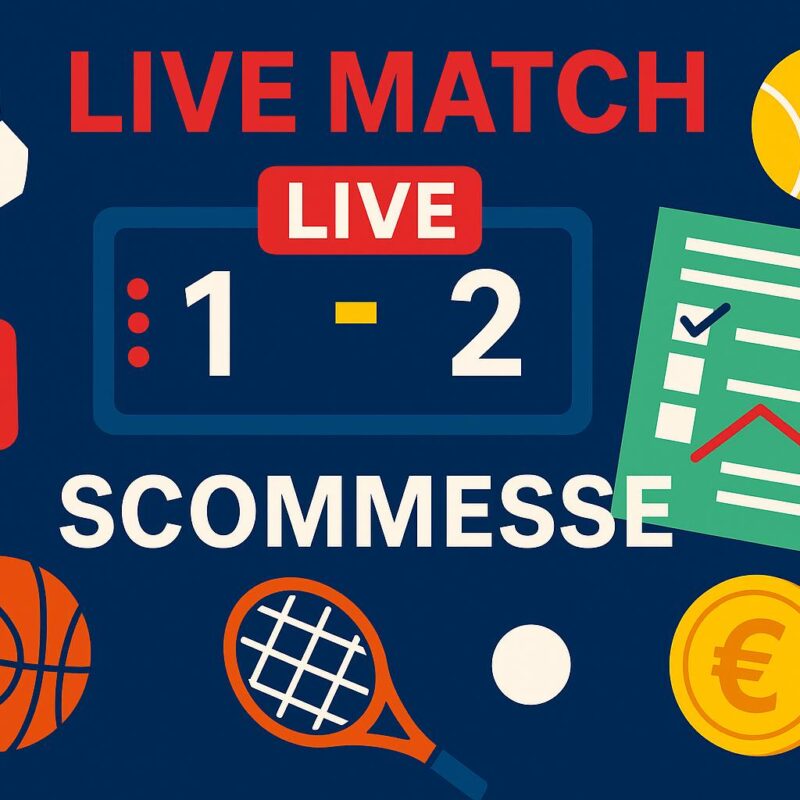 Infografica su scommesse sportive live con simboli di calcio, tennis, basket, schedina e punteggio live, su sfondo blu con testo “Live Match” e “Scommesse”.