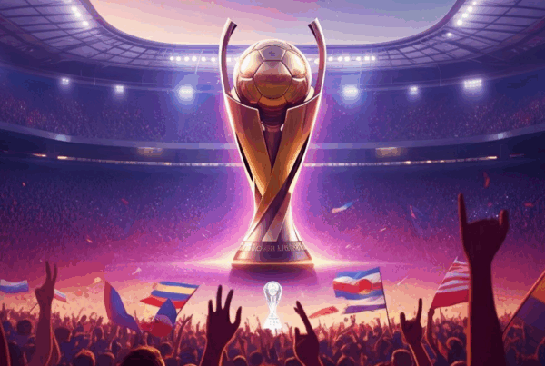 Stadio pieno di tifosi con bandiere internazionali, trofeo al centro e atmosfera vibrante per il Mondiale per Club 2025.