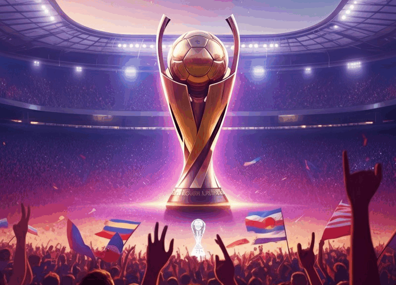 Stadio pieno di tifosi con bandiere internazionali, trofeo al centro e atmosfera vibrante per il Mondiale per Club 2025.