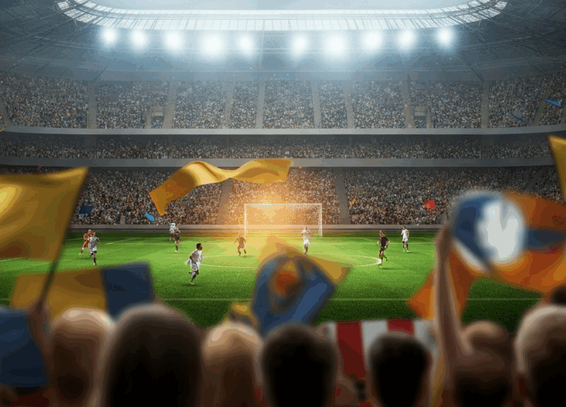 Stadio illuminato durante il mondiale per club con giocatori in azione e tifosi in festa.