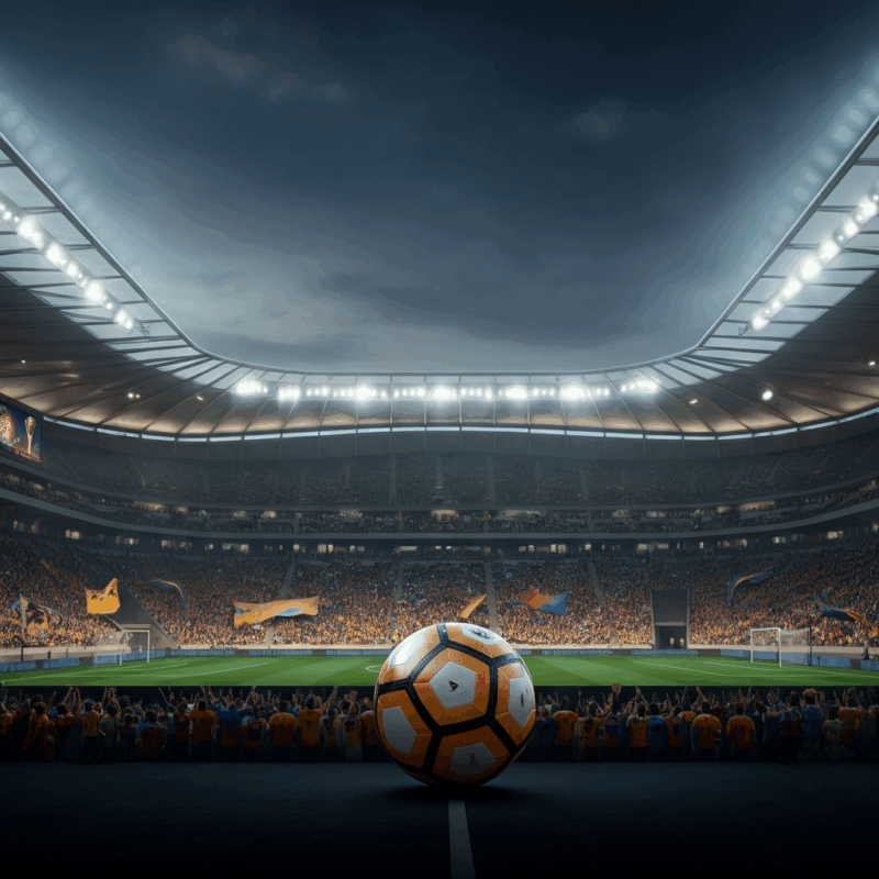 Stadio moderno illuminato con tifosi festanti sugli spalti e un pallone da calcio posizionato al centro del campo, catturando l'atmosfera vivace del Mondiale per Club 2025.