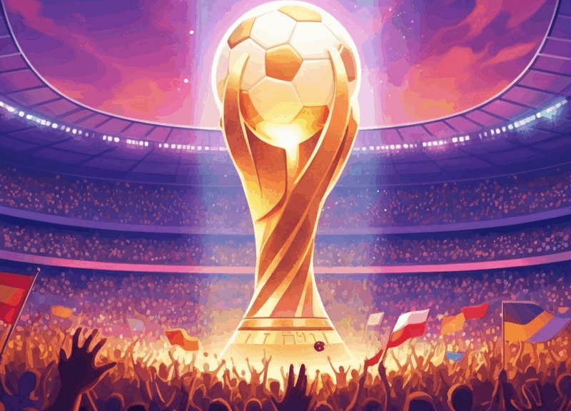 Stadio gremito di tifosi entusiasti, trofeo luminoso al centro e bandiere nazionali che simboleggiano l'unità durante il Mondiale per club.