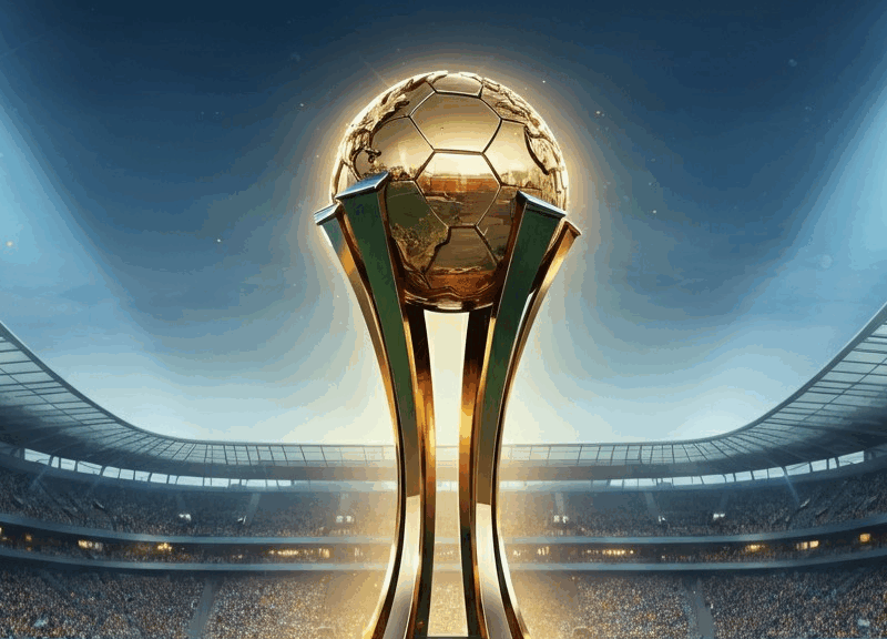 Trofeo dei Mondiali per Club 2025 su un campo di calcio, con uno stadio moderno pieno di tifosi esultanti e luci brillanti.
