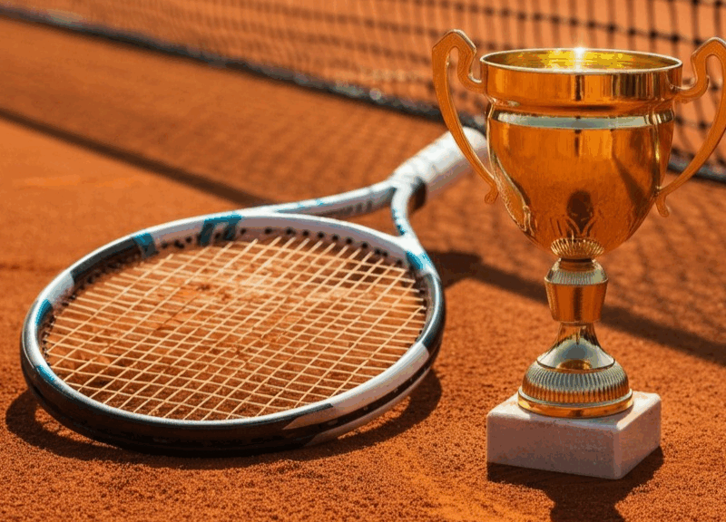 Racchetta da tennis su campo in terra rossa accanto a un trofeo dorato, simbolo della vittoria e del montepremi Roland Garros.