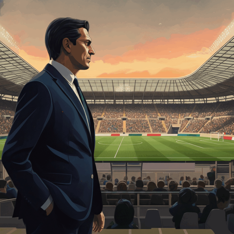 CT della Nazionale Italiana osserva il campo di uno stadio, indossando un completo elegante, con la bandiera italiana nello sfondo e il tramonto colorato alle spalle