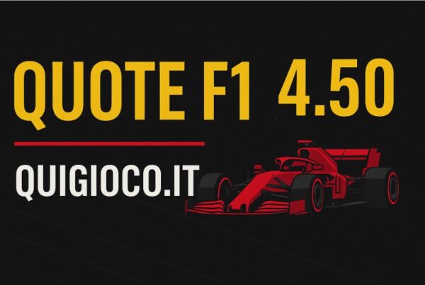 Offerta scommesse Quote Formula 1 con quota 4.50 su Quigioco.it, grafica con monoposto rossa su sfondo nero.