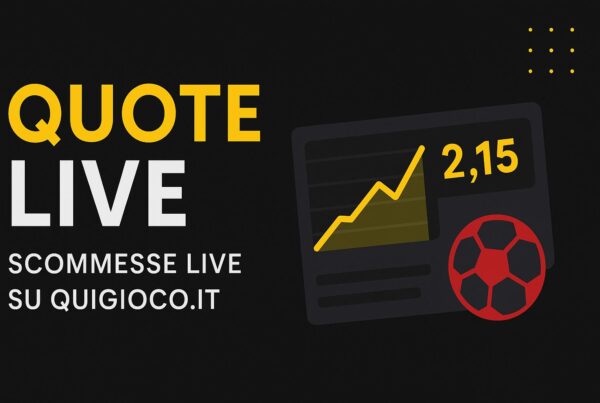Grafica promozionale in 16:9 per le scommesse live su Quigioco.it, con la scritta "QUOTE LIVE", un grafico di quote dinamiche e un pallone rosso su sfondo nero.