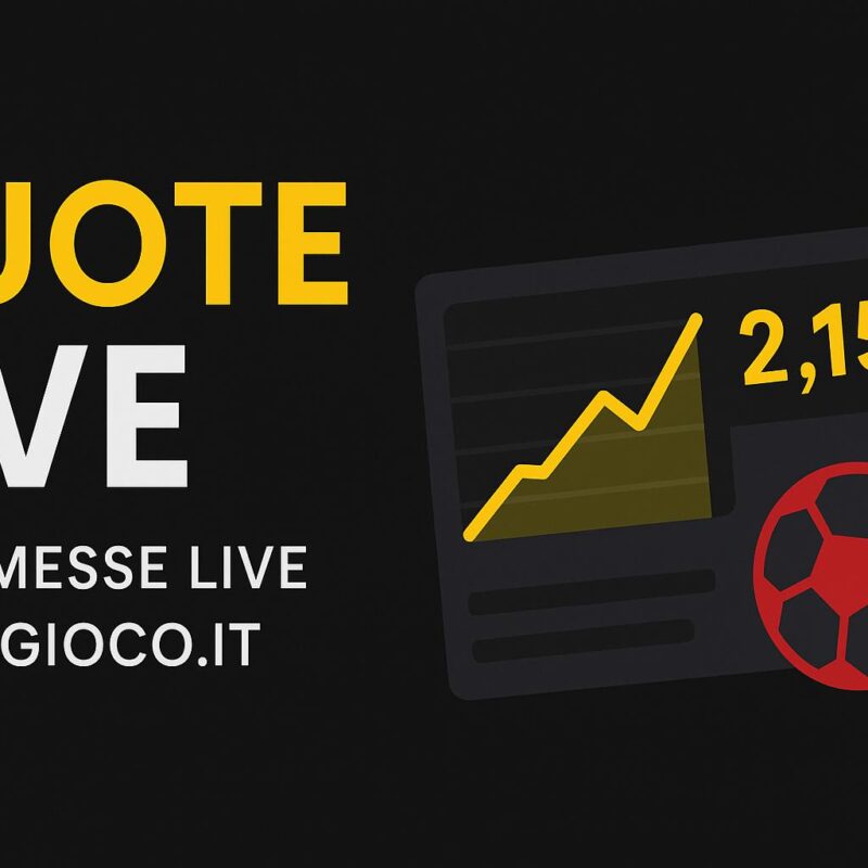 Grafica promozionale in 16:9 per le scommesse live su Quigioco.it, con la scritta "QUOTE LIVE", un grafico di quote dinamiche e un pallone rosso su sfondo nero.