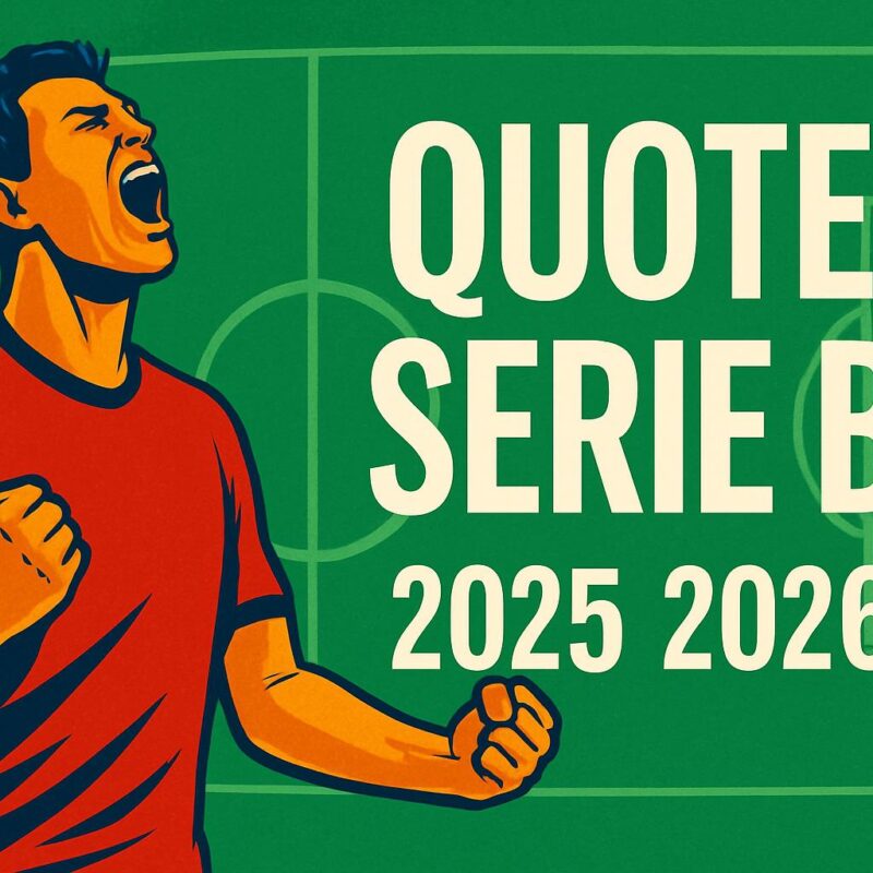 Illustrazione stilizzata di un calciatore che esulta su un campo da calcio, con la scritta quote serie b 2025 2026 in evidenza.