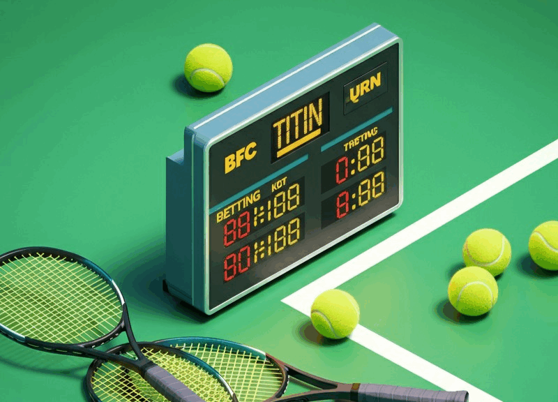 Campo da tennis con tabellone digitale che mostra quote tennis, racchette e palline distribuite sul terreno di gioco.