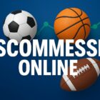 Grafica 2D con pallone da calcio, basket e football americano su sfondo blu, testo SCOMMESE ONLINE in bianco al centro dell’immagine.