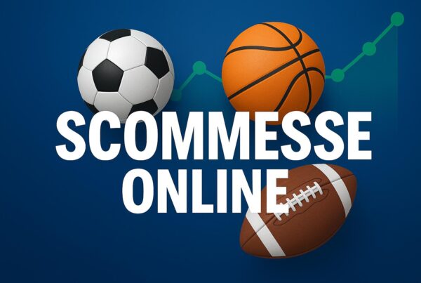 Grafica 2D con pallone da calcio, basket e football americano su sfondo blu, testo SCOMMESE ONLINE in bianco al centro dell’immagine.