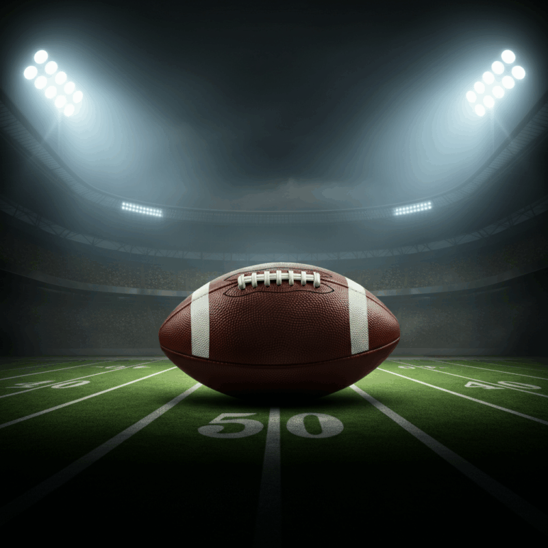 Campo da football americano illuminato da luci brillanti, con un pallone da football in primo piano. Atmosfera vivace e dinamica che richiama l'energia delle partite NFL, scommesse NFL.