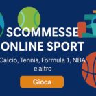 Scommesse online sport: banner promozionale con icone colorate di calcio, tennis, Formula 1 e basket, e pulsante "Gioca